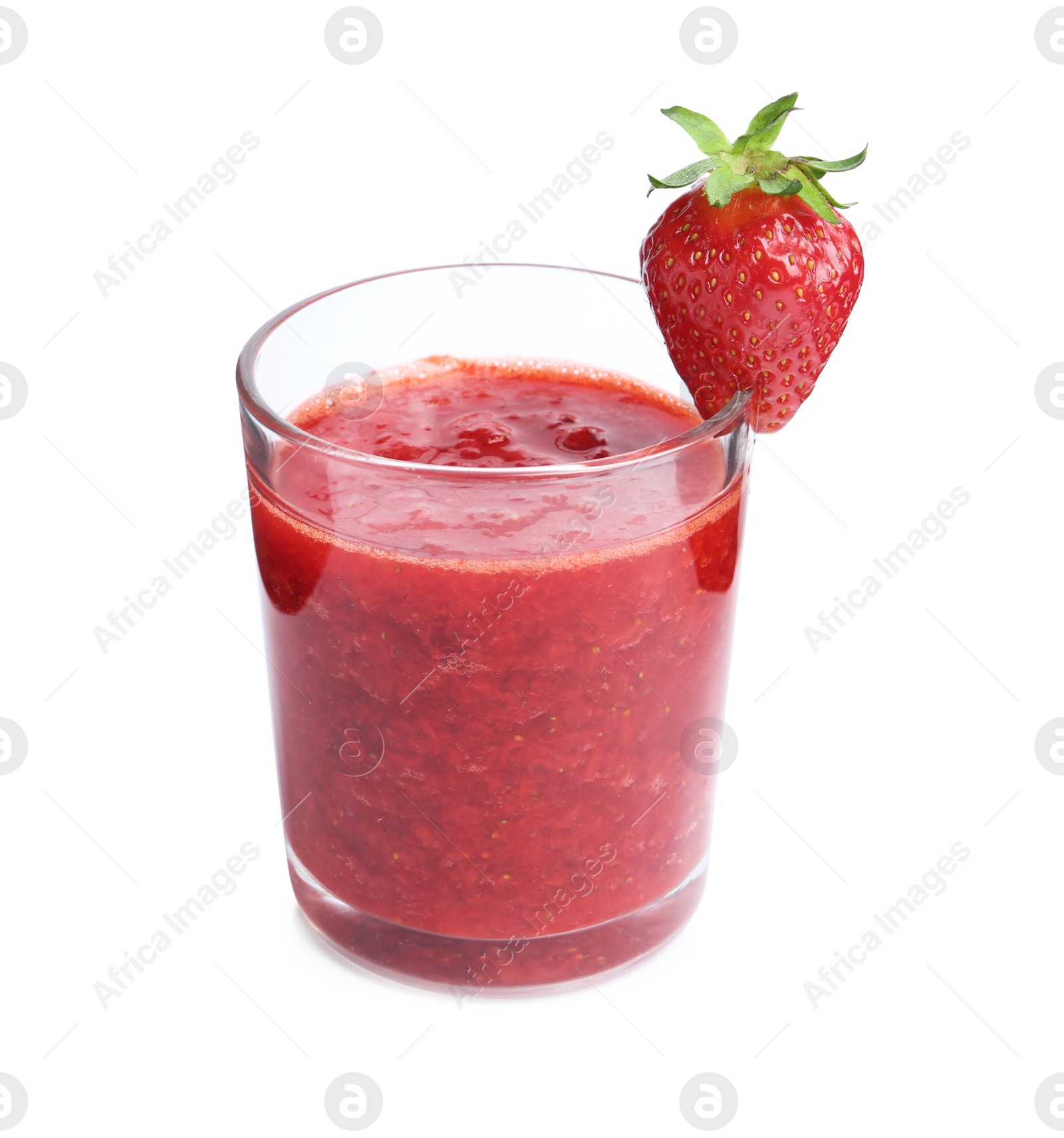 Photo of Tasty strawberry smoothie in glass isolated on white