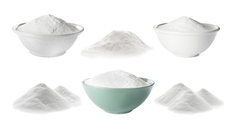 Image of Set with baking soda on white background 