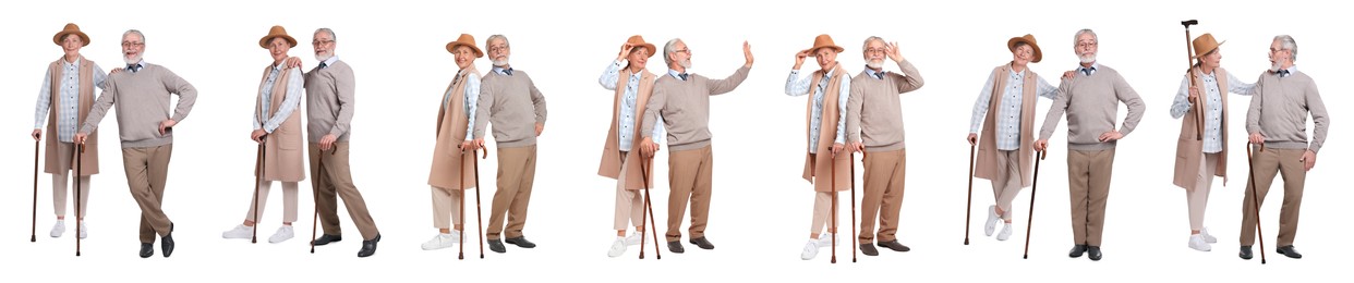 Collage with photos of senior couple with walking canes on white background
