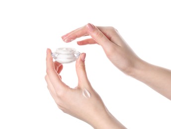 Photo of Woman with jar of cream on white background, closeup