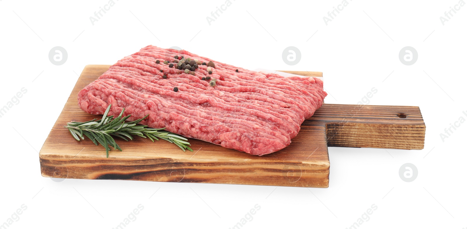 Photo of Raw ground meat, rosemary and peppercorns isolated on white