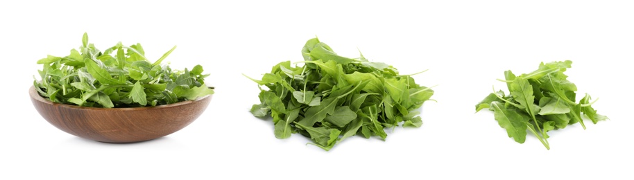 Image of Set with green arugula leaves on white background. Banner design