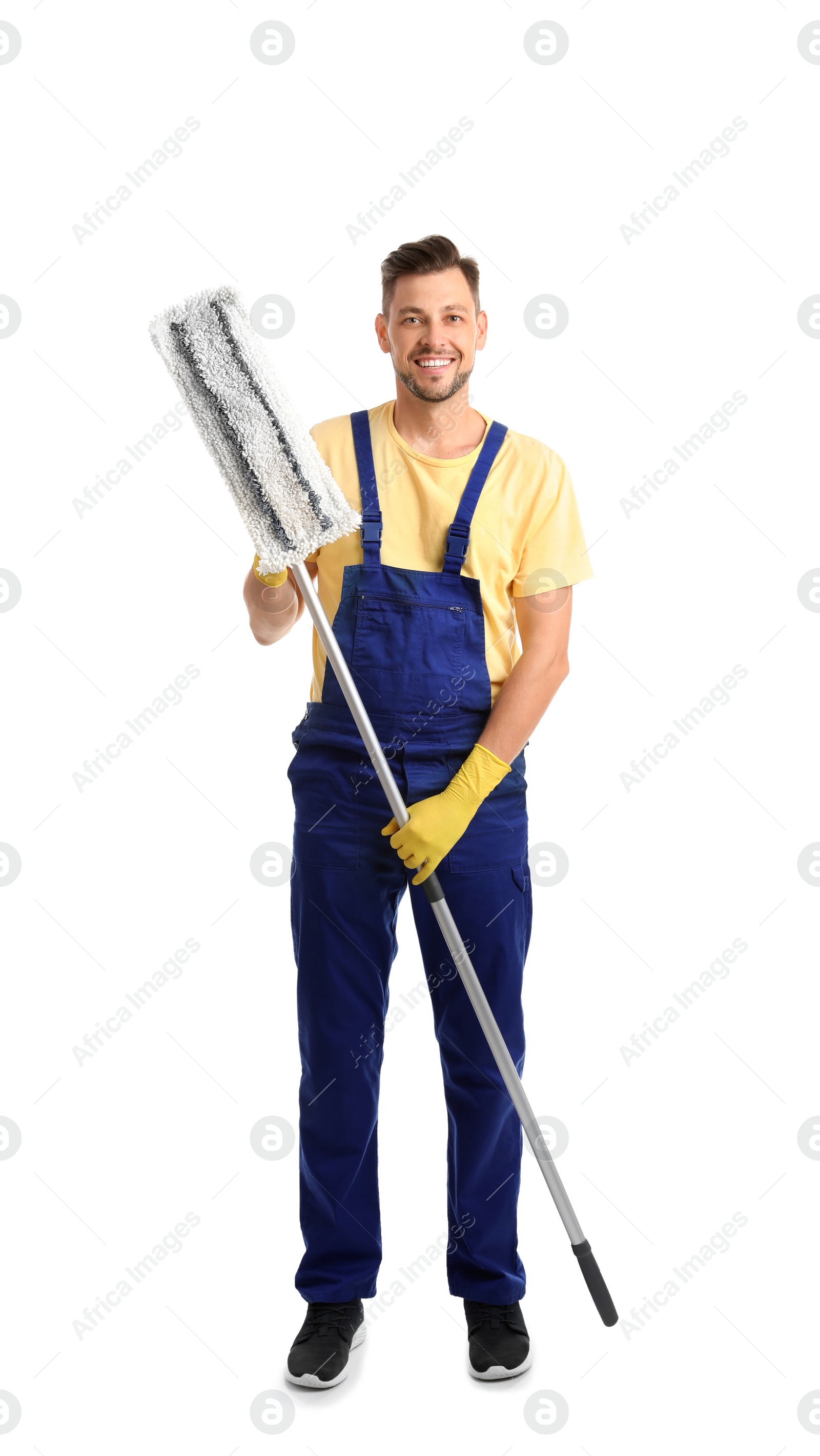 Photo of Male janitor with mop on white background. Cleaning service
