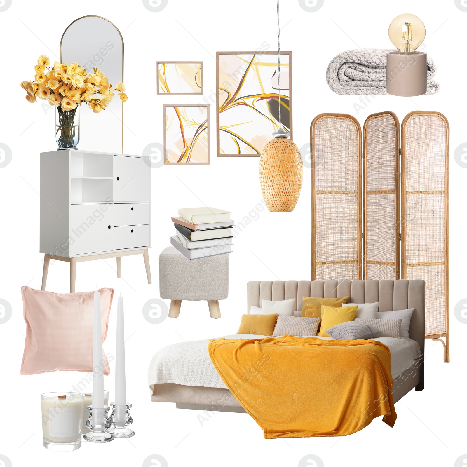 Image of Stylish bedroom interior with different decorative elements and furniture on white background. Mood board collage