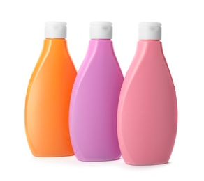 Image of Three bottles of personal hygiene products on white background