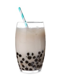 Bubble milk tea with tapioca balls in glass isolated on white