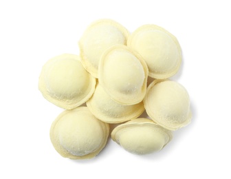 Photo of Pile of raw dumplings on white background, top view