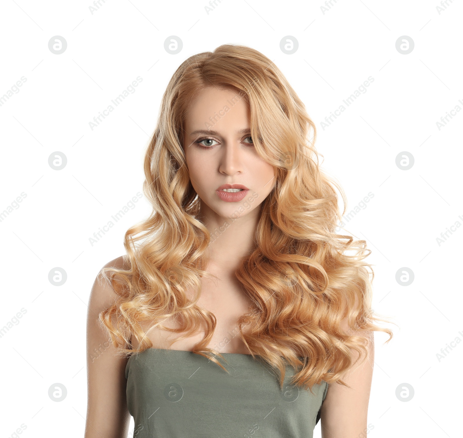 Photo of Portrait of beautiful woman with long blonde hair on white background