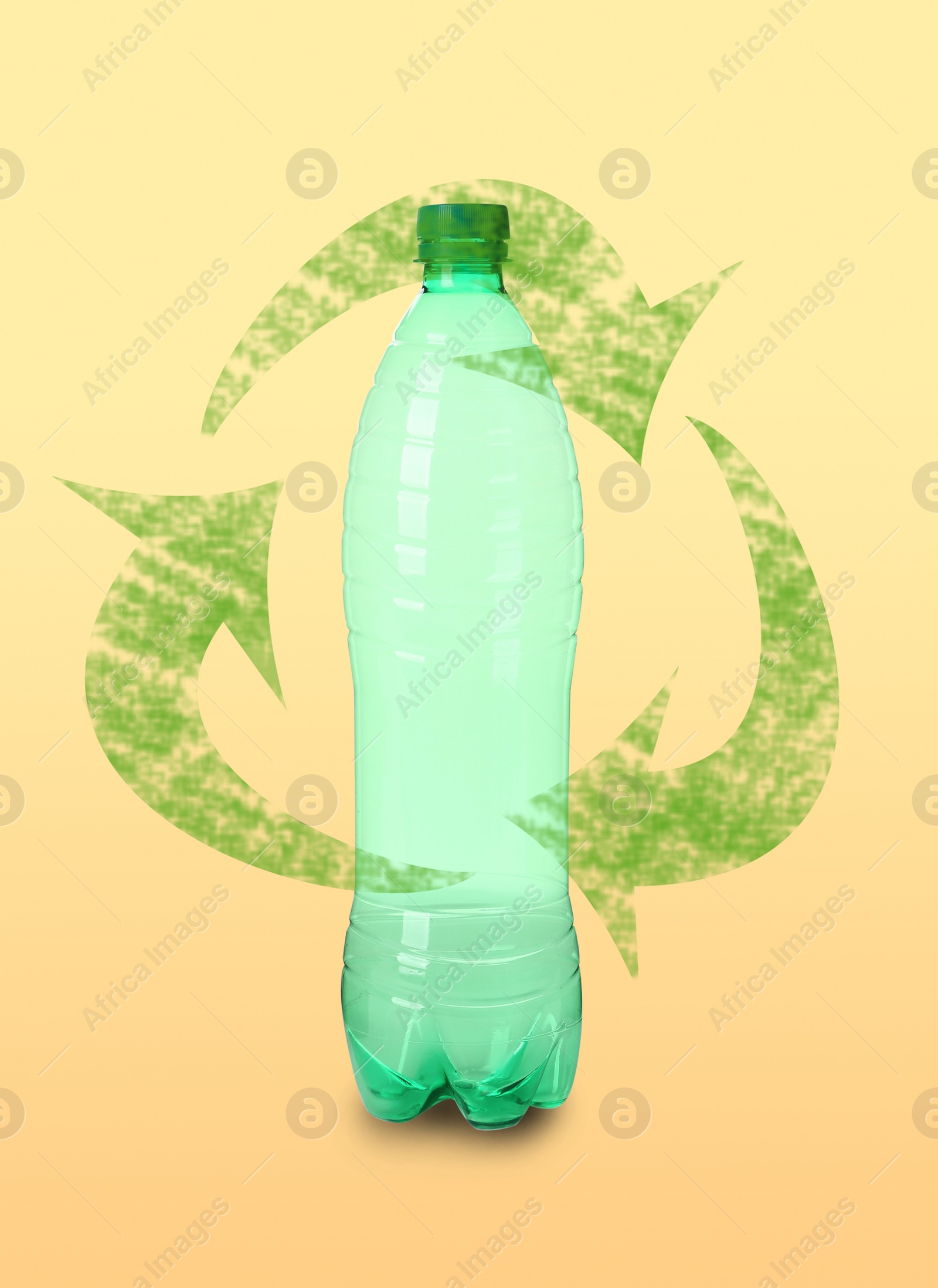 Image of Illustration of recycling symbol and empty plastic bottle on beige background