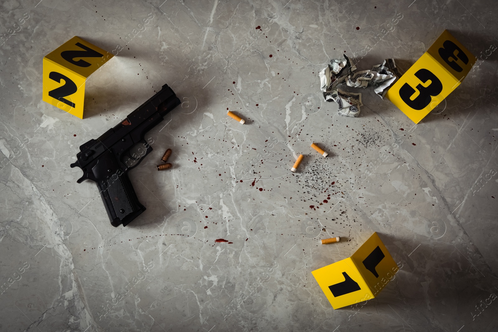 Photo of Evidences and crime scene markers on light grey marble background, flat lay