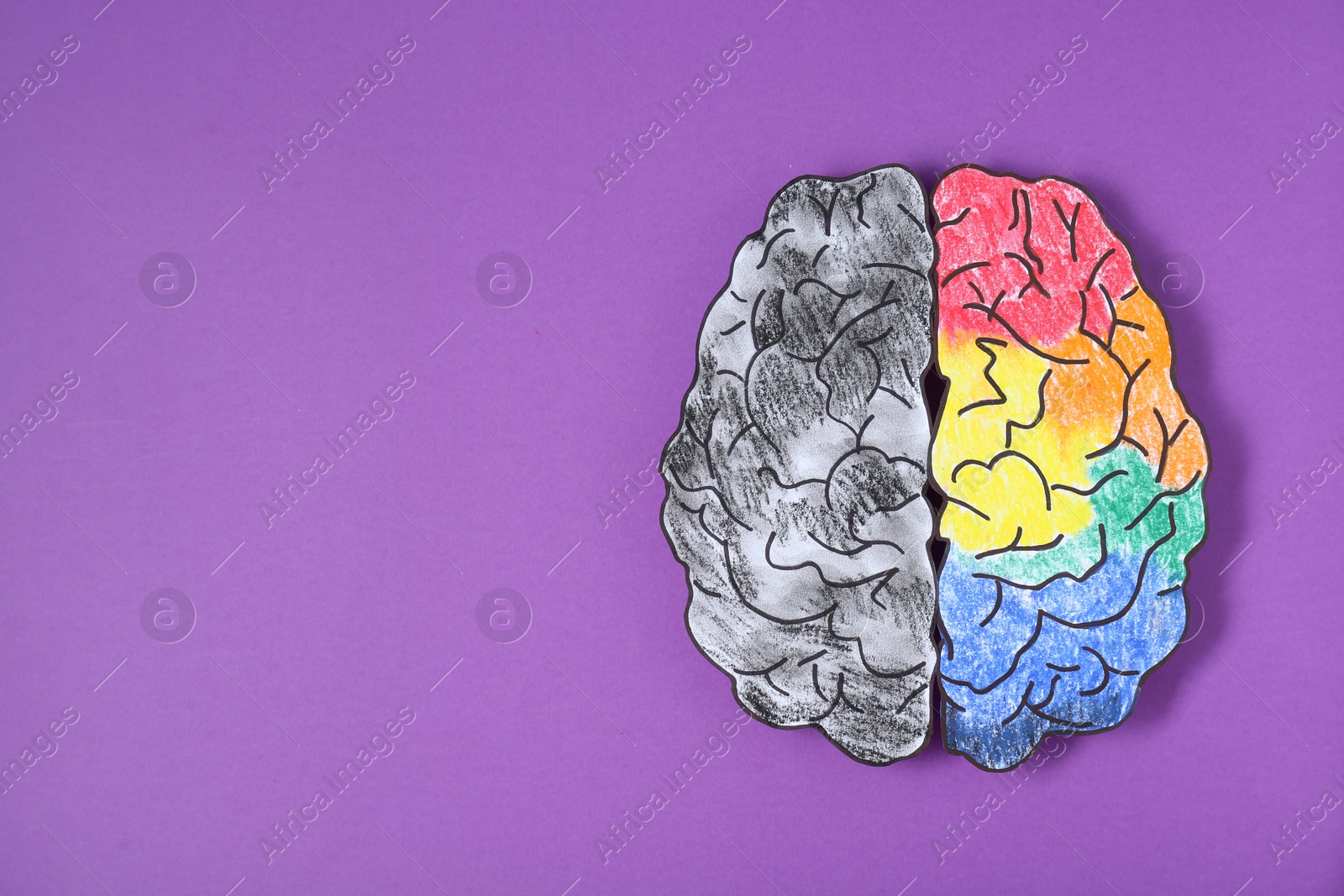 Photo of Logic and creativity. Paper brain with one colorful hemisphere and another grey on purple background, top view. Space for text