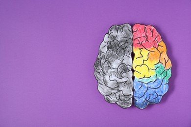 Photo of Logic and creativity. Paper brain with one colorful hemisphere and another grey on purple background, top view. Space for text