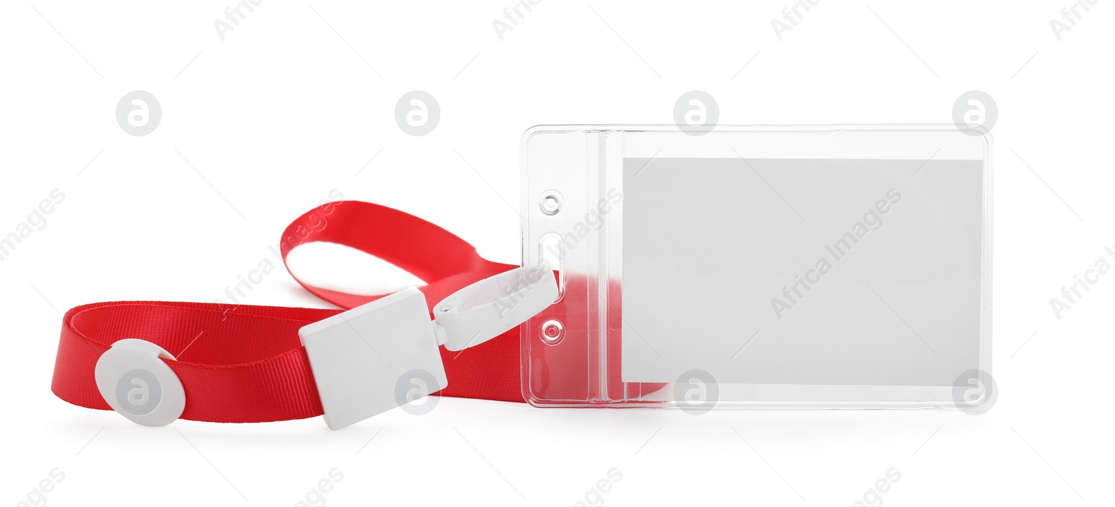 Photo of Blank badge with red string isolated on white