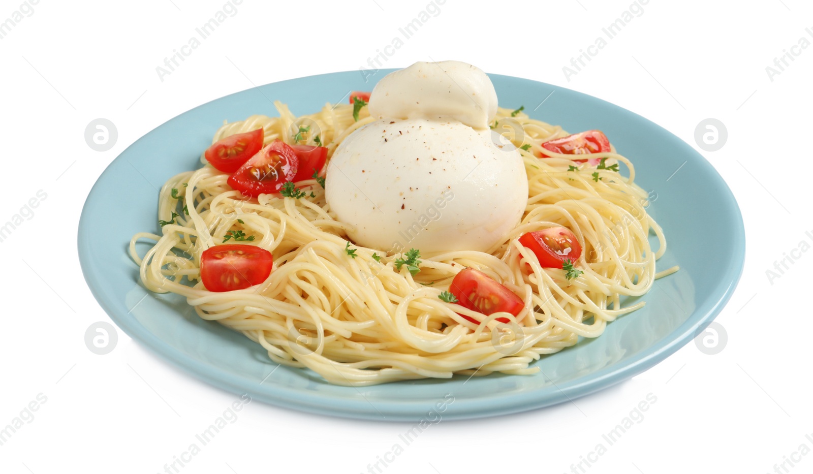 Photo of Plate of delicious pasta with burrata and tomatoes isolated on white