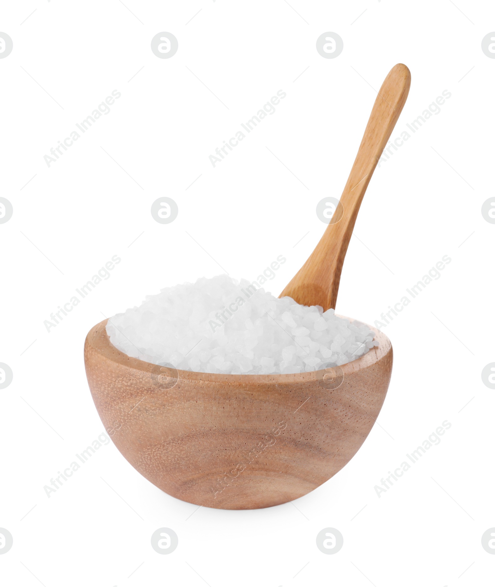 Photo of Wooden bowl and spoon with natural sea salt isolated on white