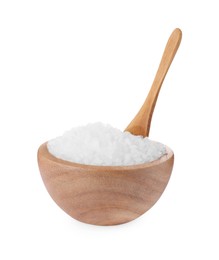 Photo of Wooden bowl and spoon with natural sea salt isolated on white
