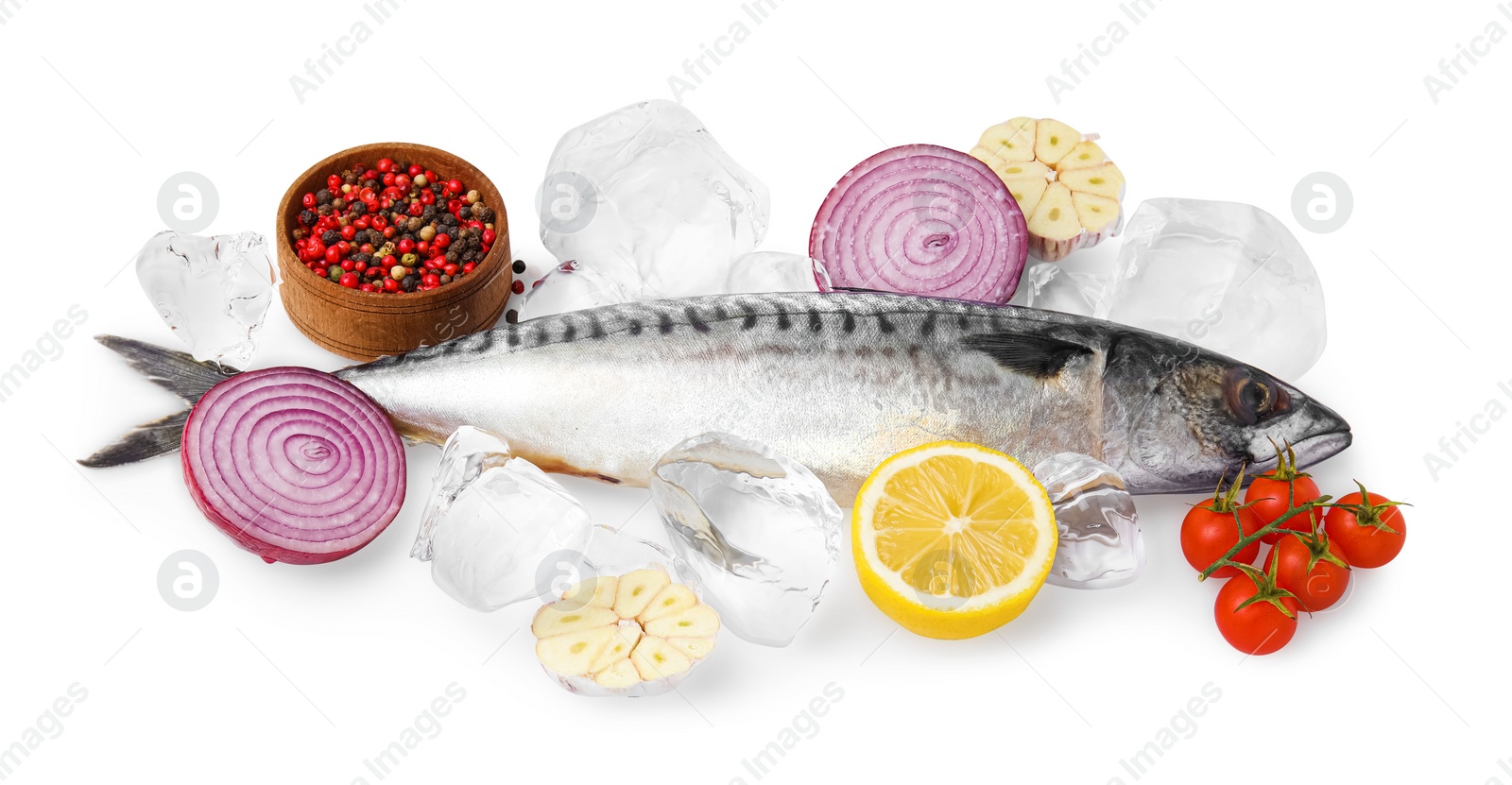 Photo of Raw mackerel, peppercorns, lemon, red onion, garlic and tomatoes isolated on white