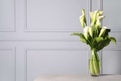 Photo of Beautiful calla lily flowers in vase on table, space for text