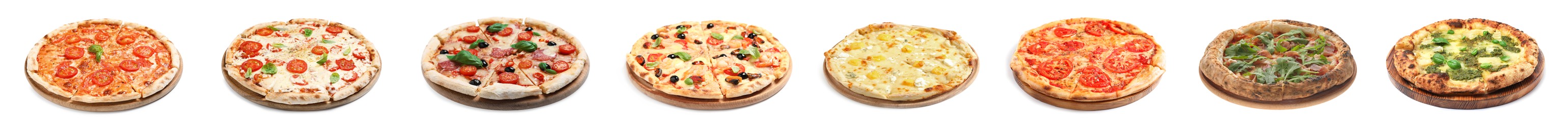 Set with different delicious pizzas on white background. Banner design