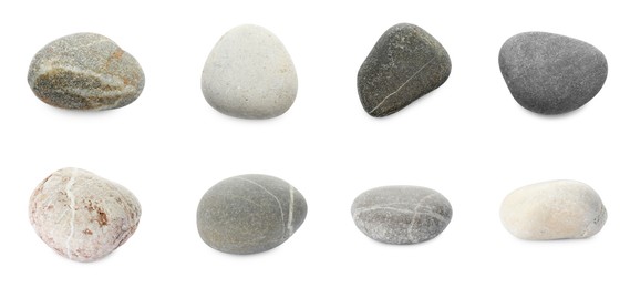 Image of Sea pebbles. Different stones isolated on white, set