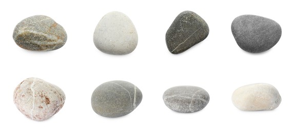 Sea pebbles. Different stones isolated on white, set