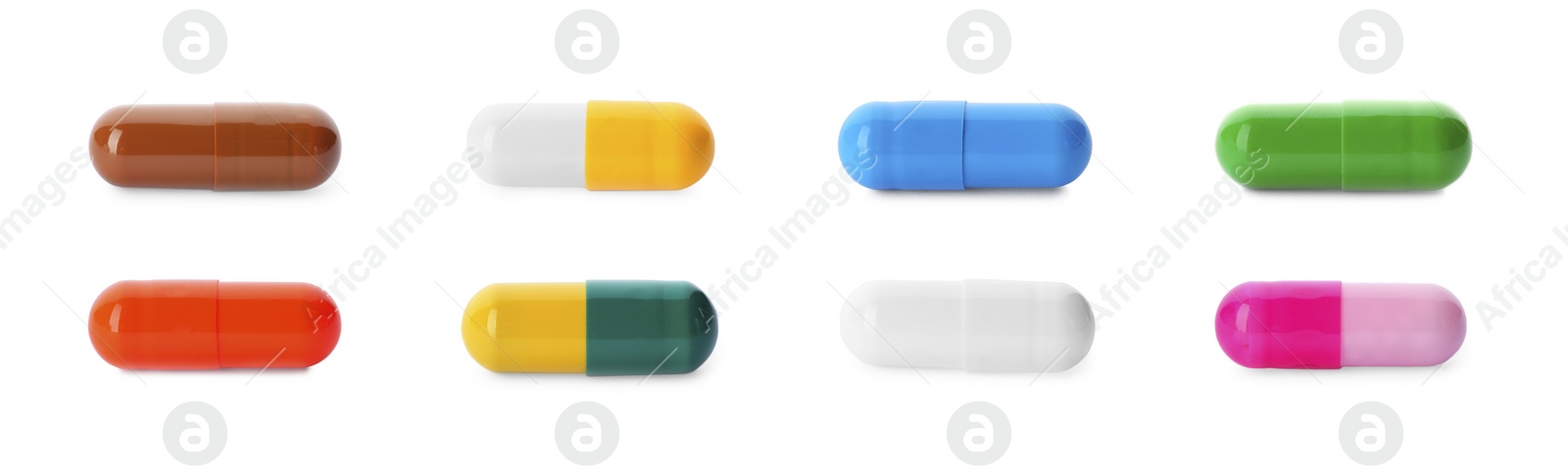 Image of Set with colorful pills on white background, top view. Banner design