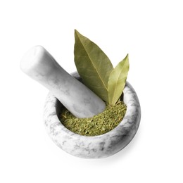 Photo of Marble mortar with whole and ground bay leaves on white background, above view