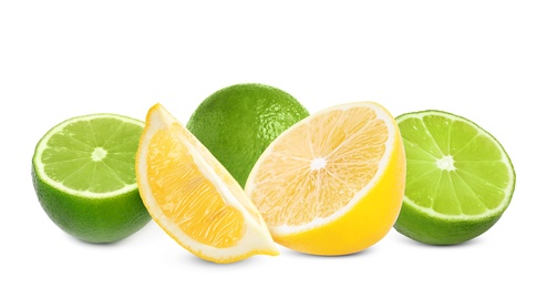 Image of Fresh ripe limes and lemons on white background