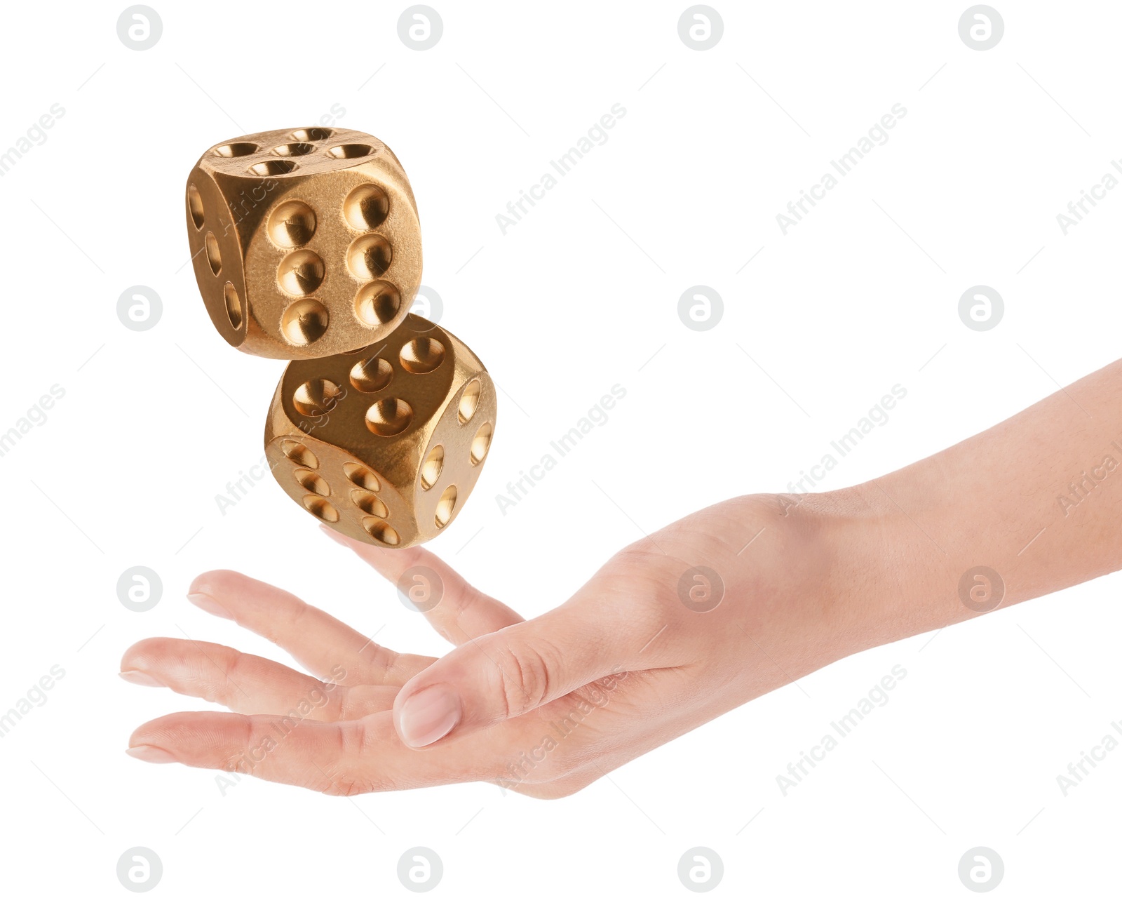 Image of Woman throwing golden dice on white background, closeup