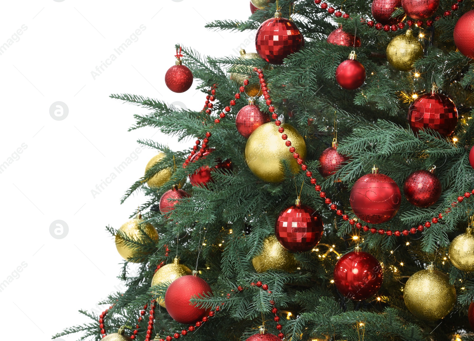 Photo of Beautiful Christmas tree decorated with ornaments and garland isolated on white