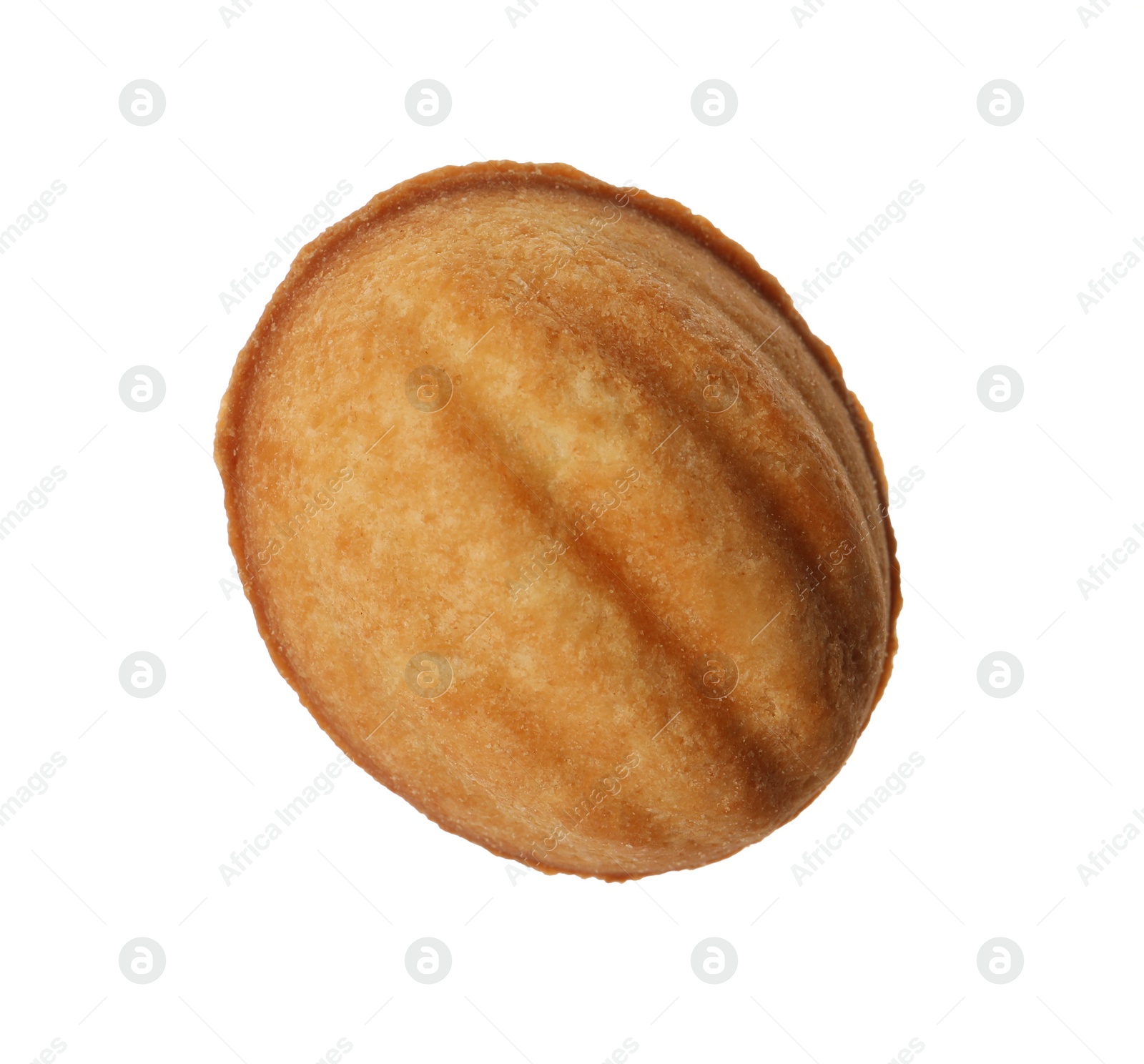 Photo of Delicious nut shaped cookie with condensed milk isolated on white