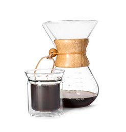 Photo of Chemex coffeemaker and glass of coffee isolated on white