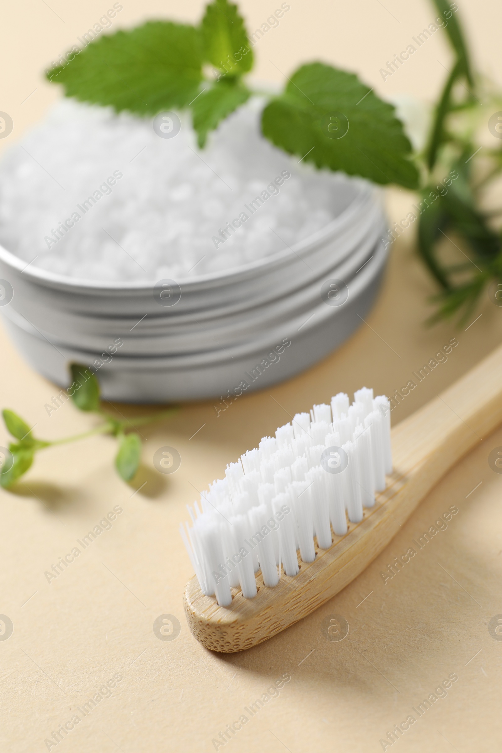 Photo of Toothbrush, salt and herbs on beige background, closeup.