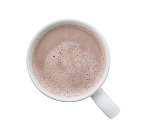 Photo of Delicious cocoa in cup on white background, top view