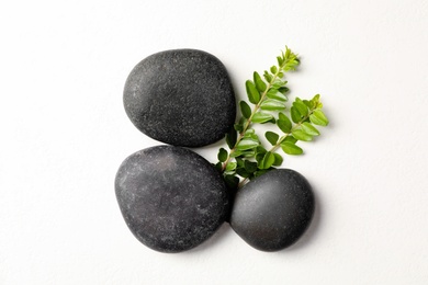 Spa stones and branches of plant on white table, flat lay