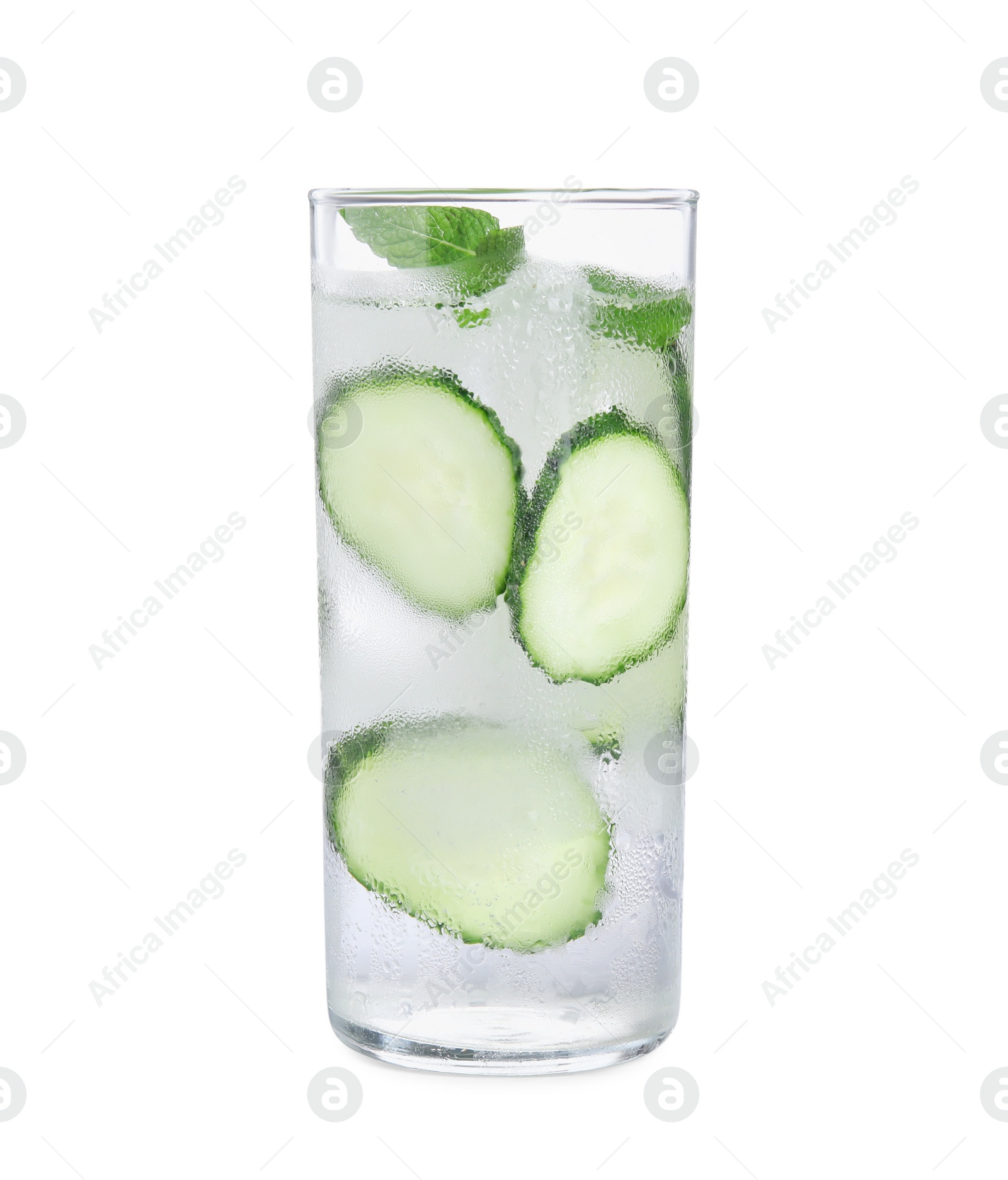 Photo of Refreshing cucumber water with mint in glass isolated on white