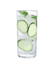 Photo of Refreshing cucumber water with mint in glass isolated on white