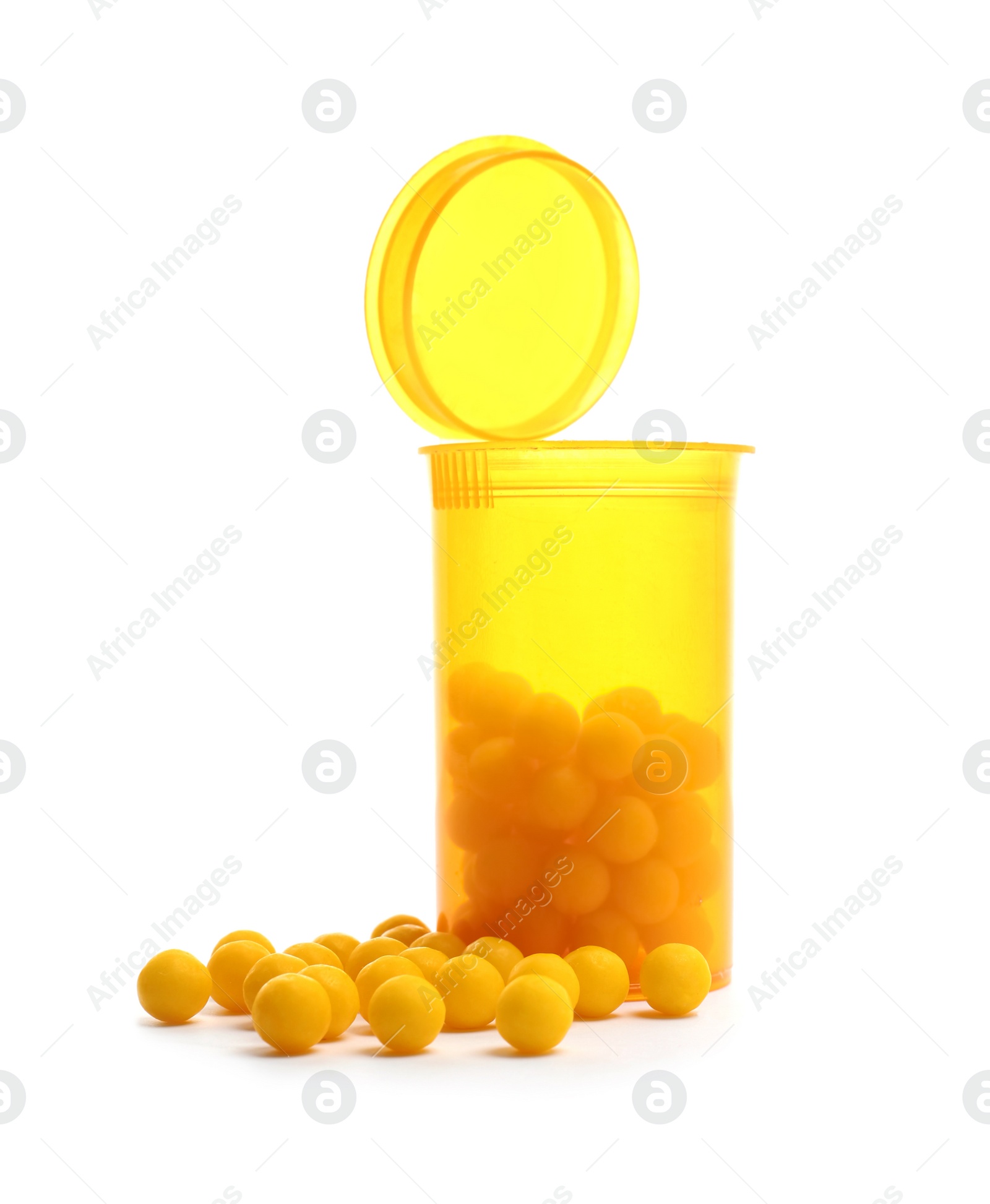 Photo of Pills and bottle on white background. Medical treatment
