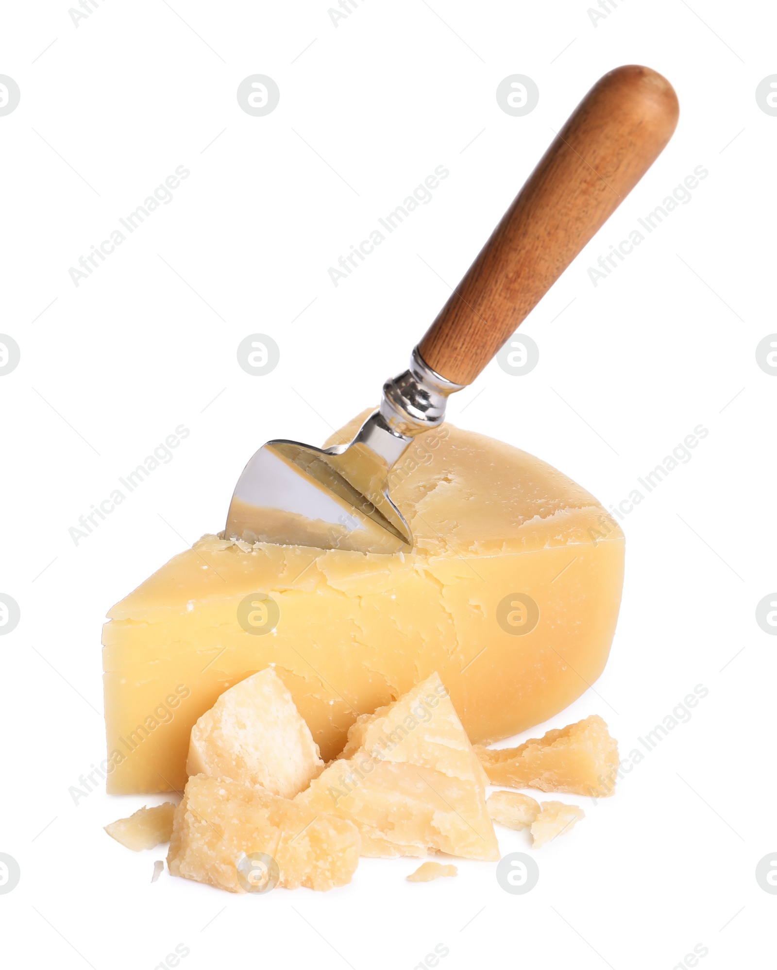 Photo of Delicious parmesan cheese and knife on white background