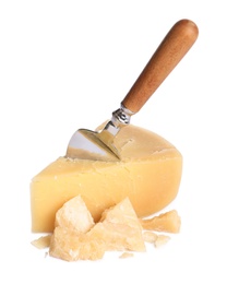 Photo of Delicious parmesan cheese and knife on white background