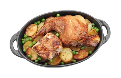 Photo of Tasty cooked rabbit with vegetables in baking dish isolated on white, top view