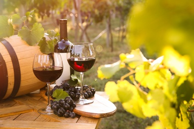 Photo of Composition with wine and ripe grapes on wooden table in vineyard