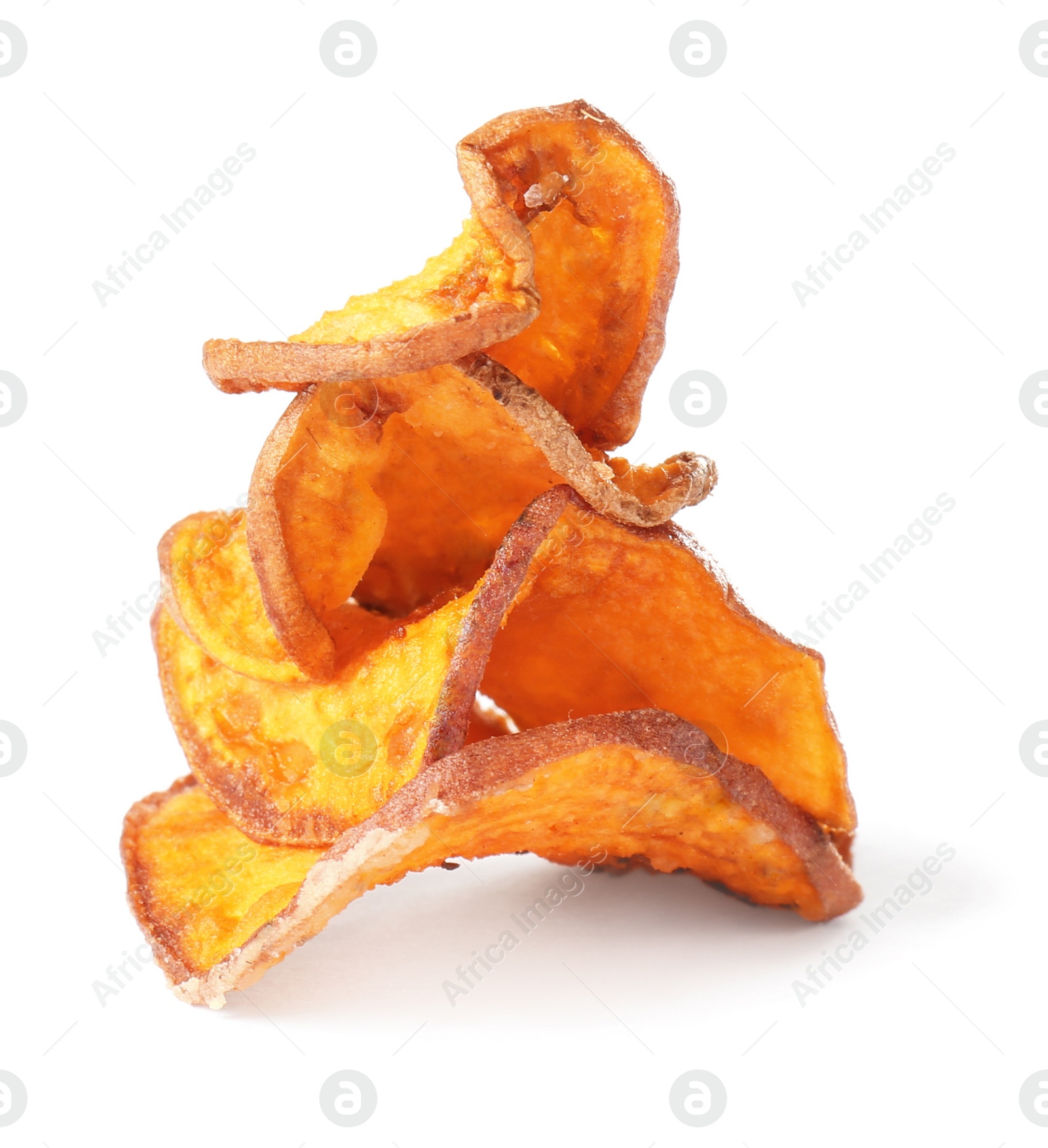 Photo of Tasty sweet potato chips isolated on white