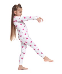 Girl in pajamas sleepwalking on white background
