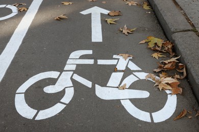Photo of Bicycle lane with sign and arrow pointing direction on asphalt, closeup