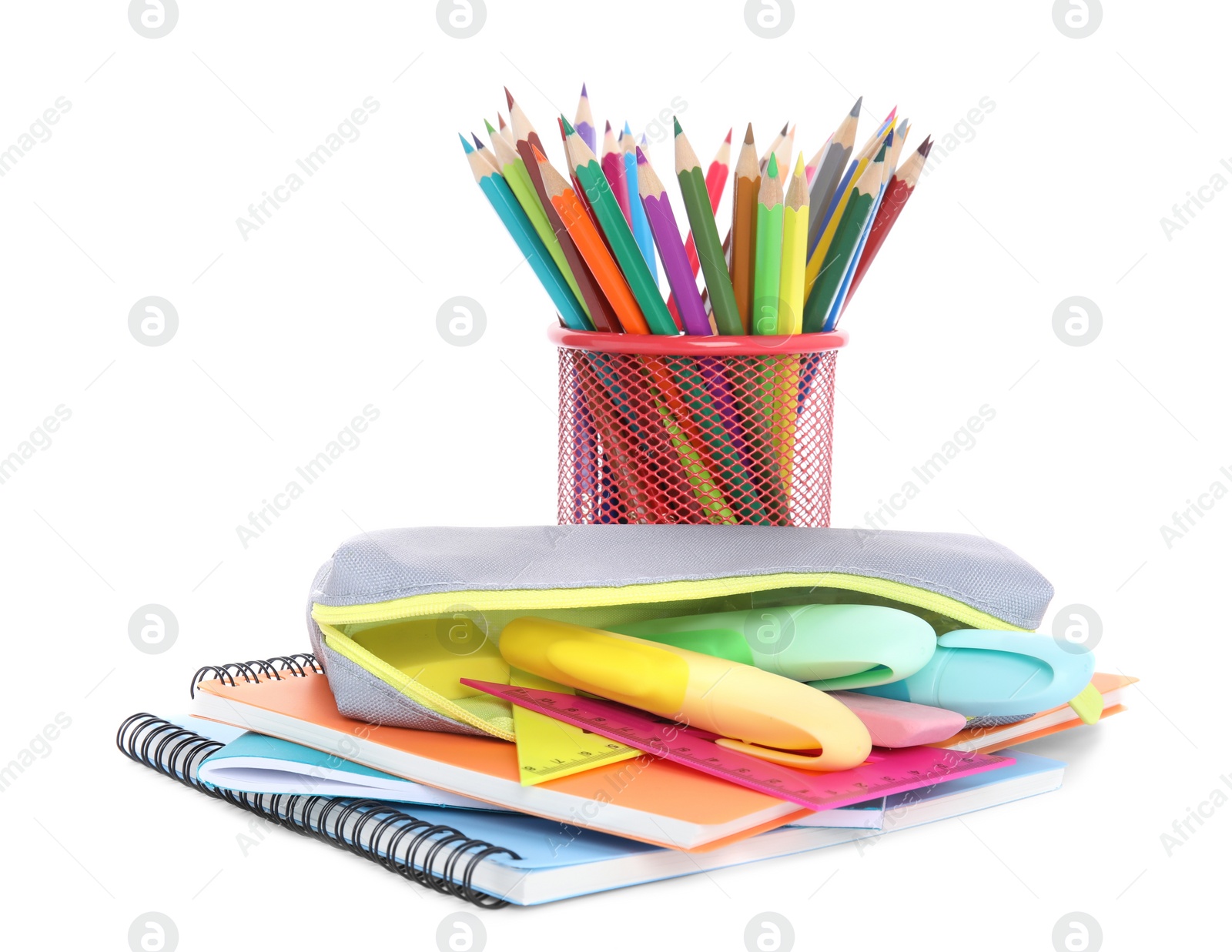 Photo of Many different school stationery isolated on white