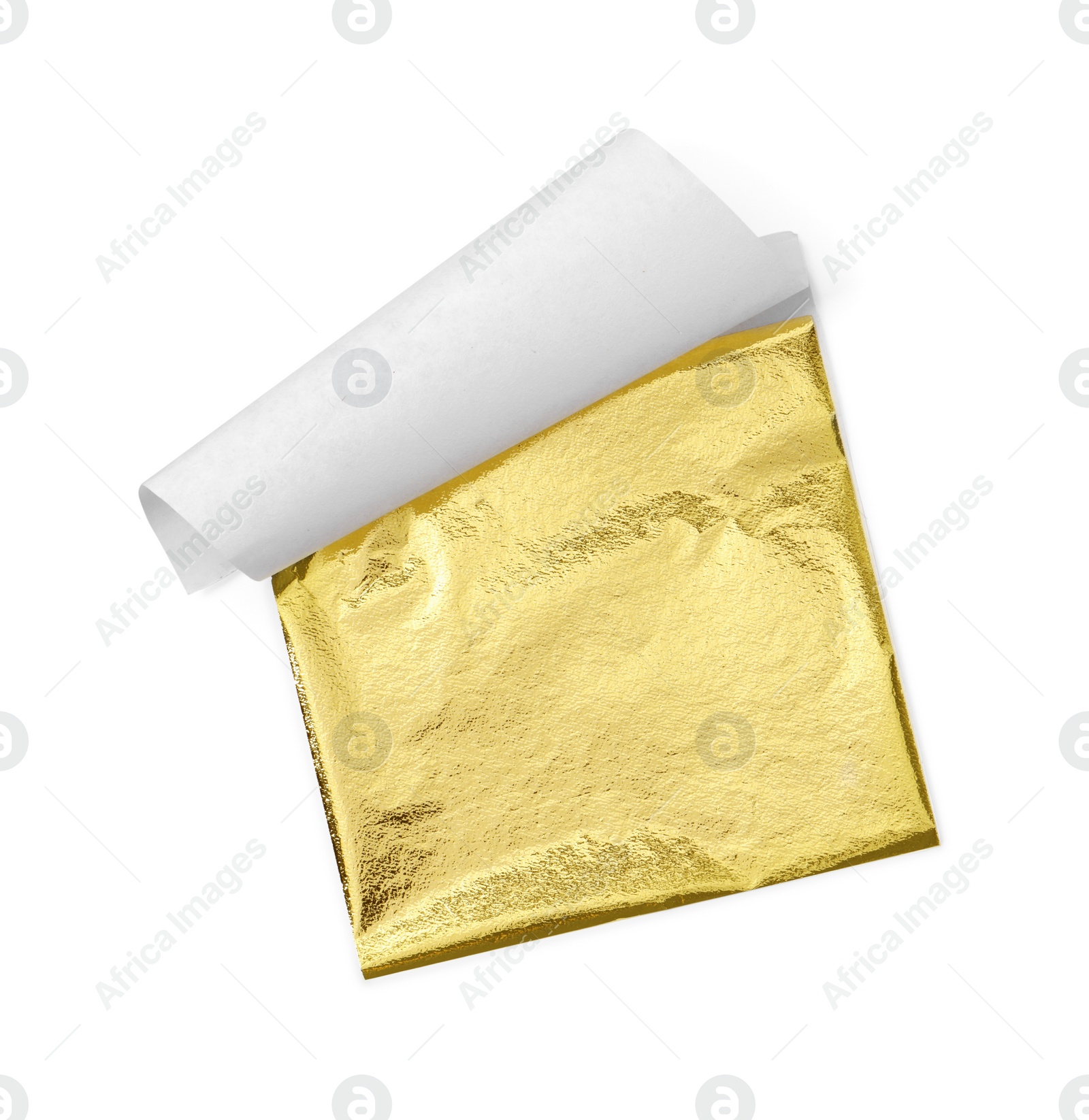 Photo of One edible gold leaf sheet isolated on white, top view