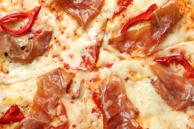 Delicious hot pizza with meat as background, closeup