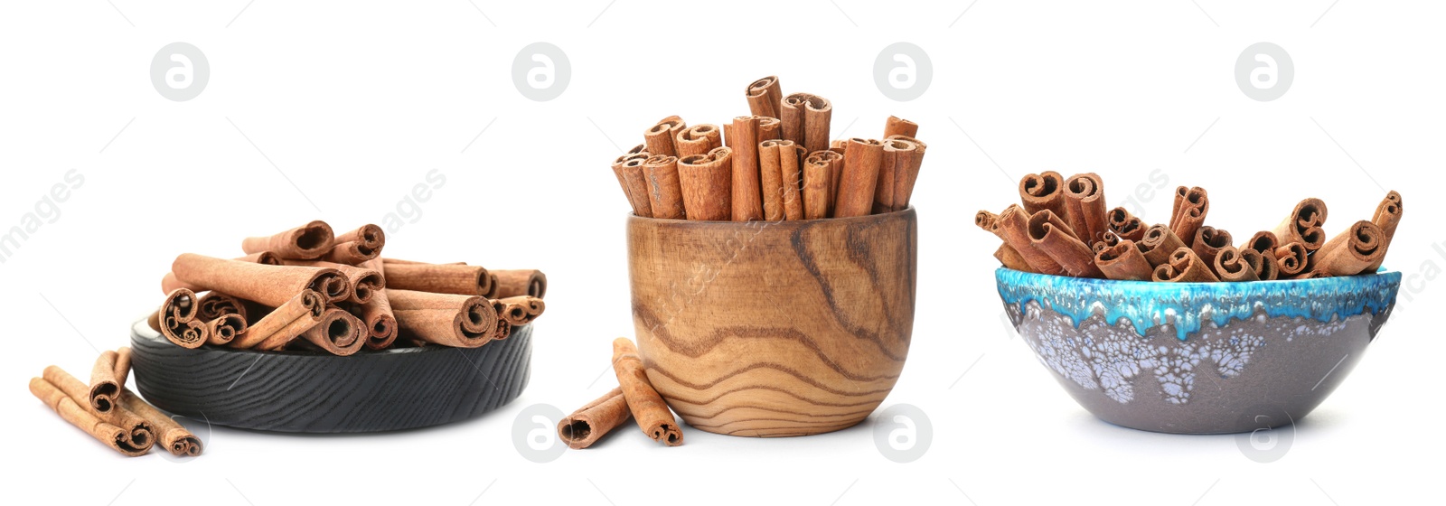 Image of Set with aromatic cinnamon sticks on white background. Banner design