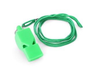 Photo of One green plastic whistle with cord isolated on white